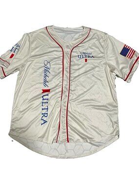 Michelob Ultra White Button-Front Baseball Jersey Shirt Red Piping SHEA